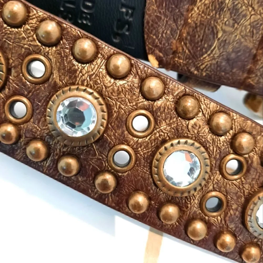 Rolfs Faux Leather Belt Golden Metallic Brown with Rhinestones